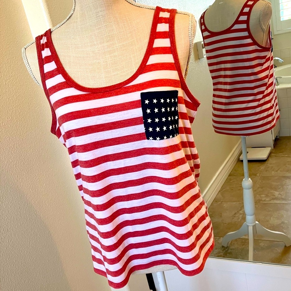 Red and White Striped Tank Top with Star Pocket, Fifth Sun est size Large